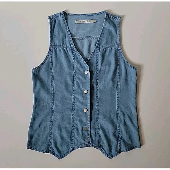 London Crew Chambray Vest Top Snap Button V Neck Coastal Cowgirl Preppy Western - Picture 4 of 11
